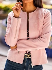 Sosandar Pink Zip Front Round Neck Leather Jacket - Image 5 of 5