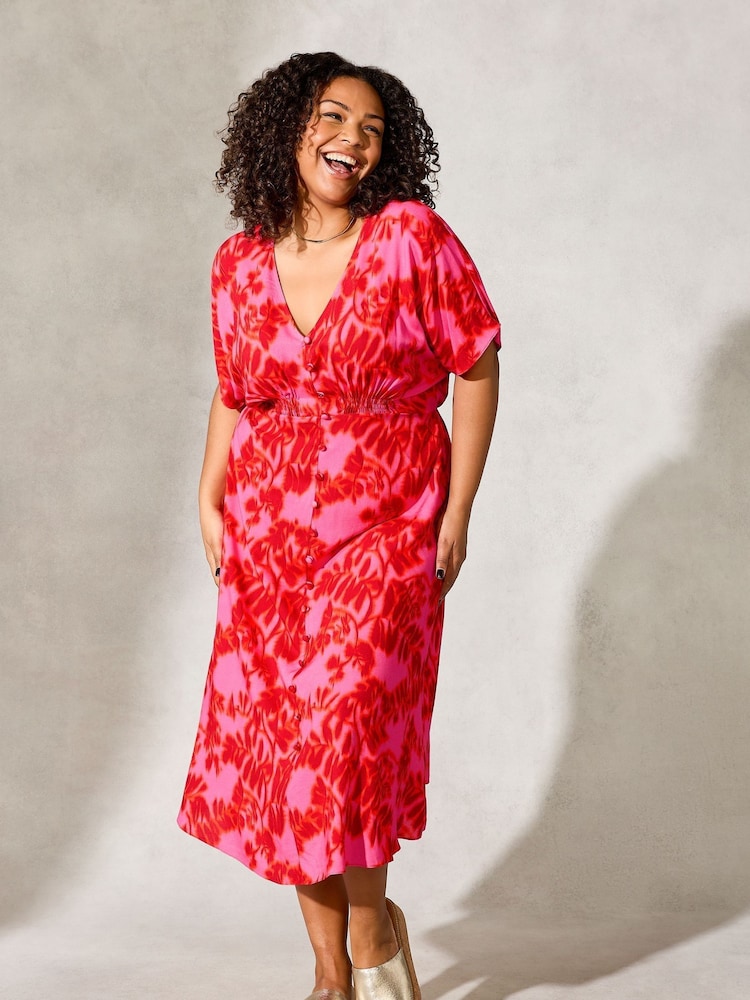 Live Unlimited Curve Pink Blurred Floral Print Shirred Waist Dress - Image 1 of 3