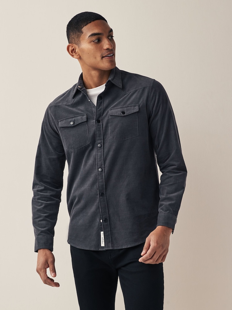 Charcoal Grey Cord Twin Pocket Western Long Sleeve 100% Cotton Shirt - Image 1 of 7