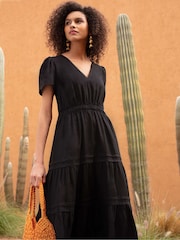 Ro&Zo Black Linen Shirred Waist Midi Dress - Image 2 of 8