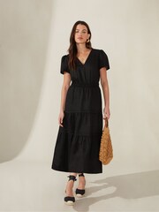 Ro&Zo Black Linen Shirred Waist Midi Dress - Image 4 of 8