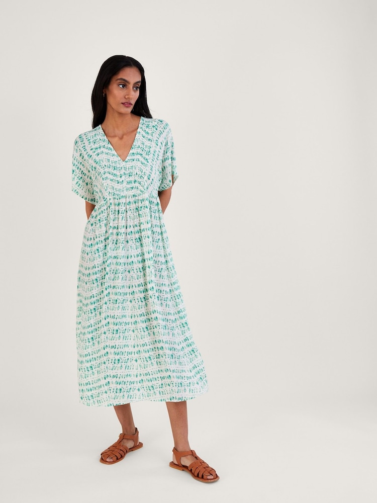 Monsoon Blue Tie Dye Print Shirred Bodice Kaftan Cover-Up - Image 1 of 4