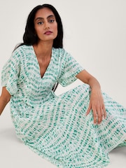 Monsoon Blue Tie Dye Print Shirred Bodice Kaftan Cover-Up - Image 3 of 4