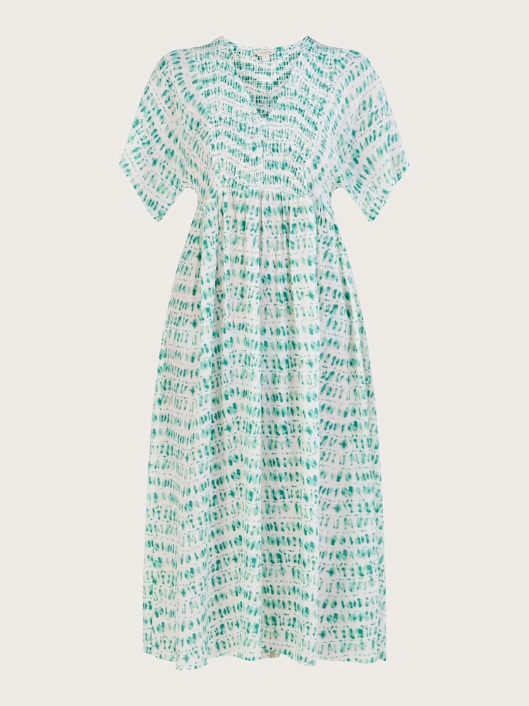 Monsoon Blue Tie Dye Print Shirred Bodice Kaftan Cover-Up - Image 4 of 4