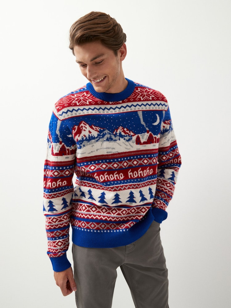Red/Blue Crew Neck Regular Knitted Christmas Jumper - Image 1 of 7
