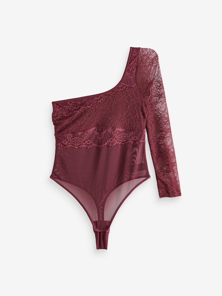 Lipsy Plum Purple One Shoulder Lace Thong Bodysuit - Image 5 of 5