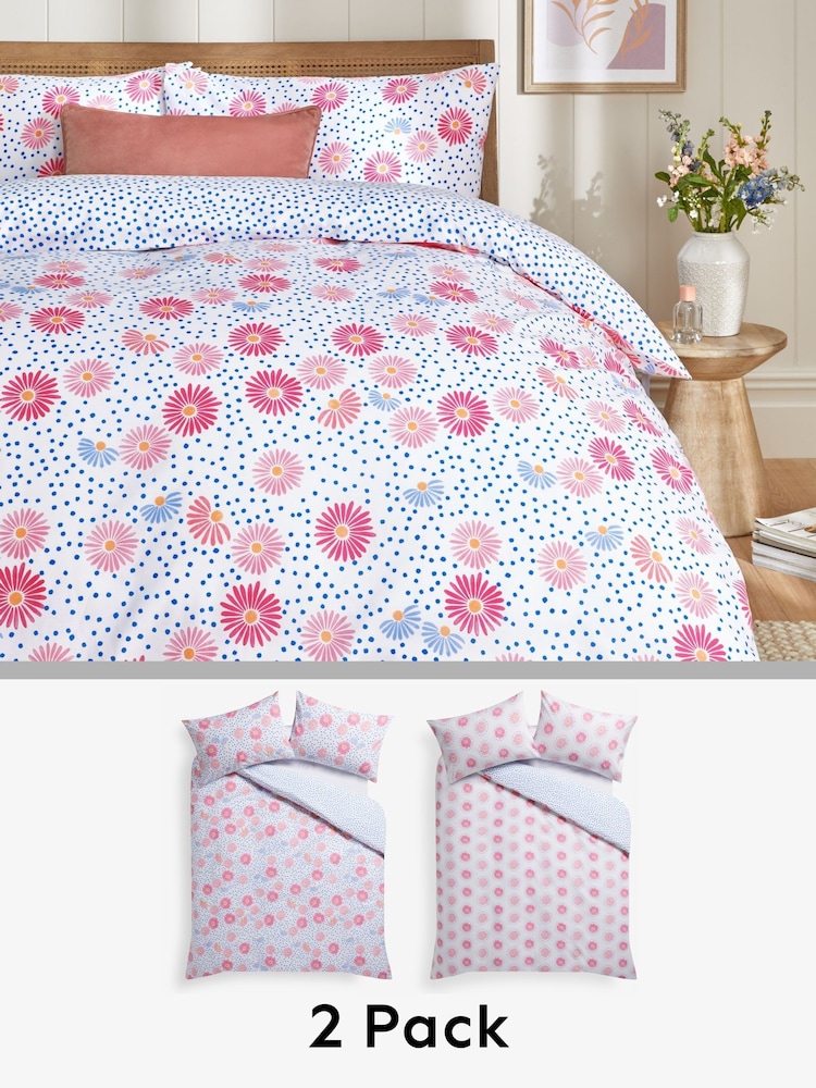 2 Pack Pink/White/Blue Floral Reversible Duvet Cover and Pillowcase Set - Image 1 of 9