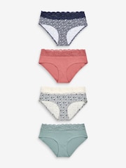 Navy/Cream Floral Print Short Cotton and Lace Knickers 4 Pack - Image 1 of 9