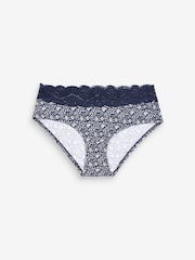 Navy/Cream Floral Print Short Cotton and Lace Knickers 4 Pack - Image 5 of 9