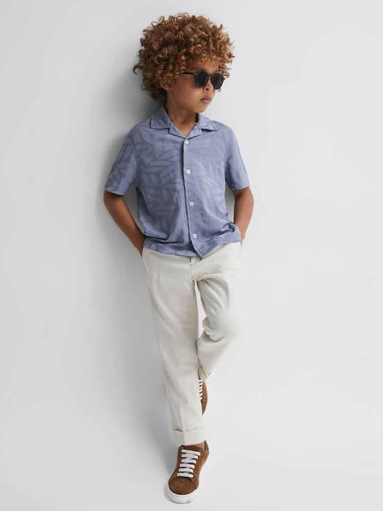 Reiss Blue Basswood Senior Printed Cuban Collar Button Through T-Shirt - Image 1 of 6