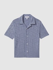 Reiss Blue Basswood Senior Printed Cuban Collar Button Through T-Shirt - Image 2 of 6