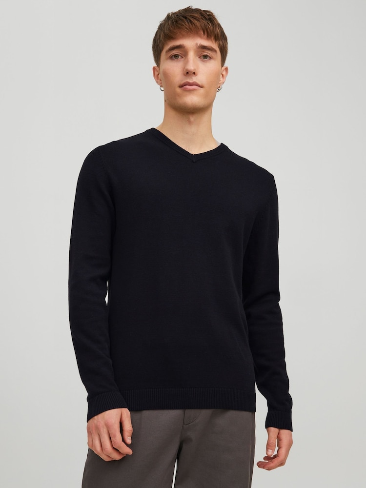JACK & JONES Black 100% Cotton V-Neck Knitted Jumper - Image 1 of 4 JACK & JONES Black 100% Cotton V-Neck Knitted Jumper - Image 1 of 4
