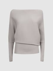 Reiss Grey Lorna Asymmetric Drape Knitted Top - Image 2 of 4
