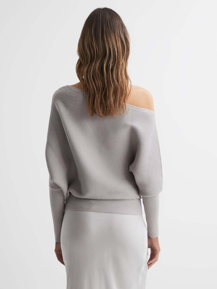 Reiss Grey Lorna Asymmetric Drape Knitted Top - Image 4 of 4