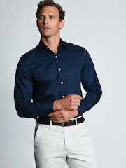 Brook Taverner Navy Blue Tailored Fit Non-Iron Twill Cotton Shirt - 33.5" Sleeve - Image 1 of 6