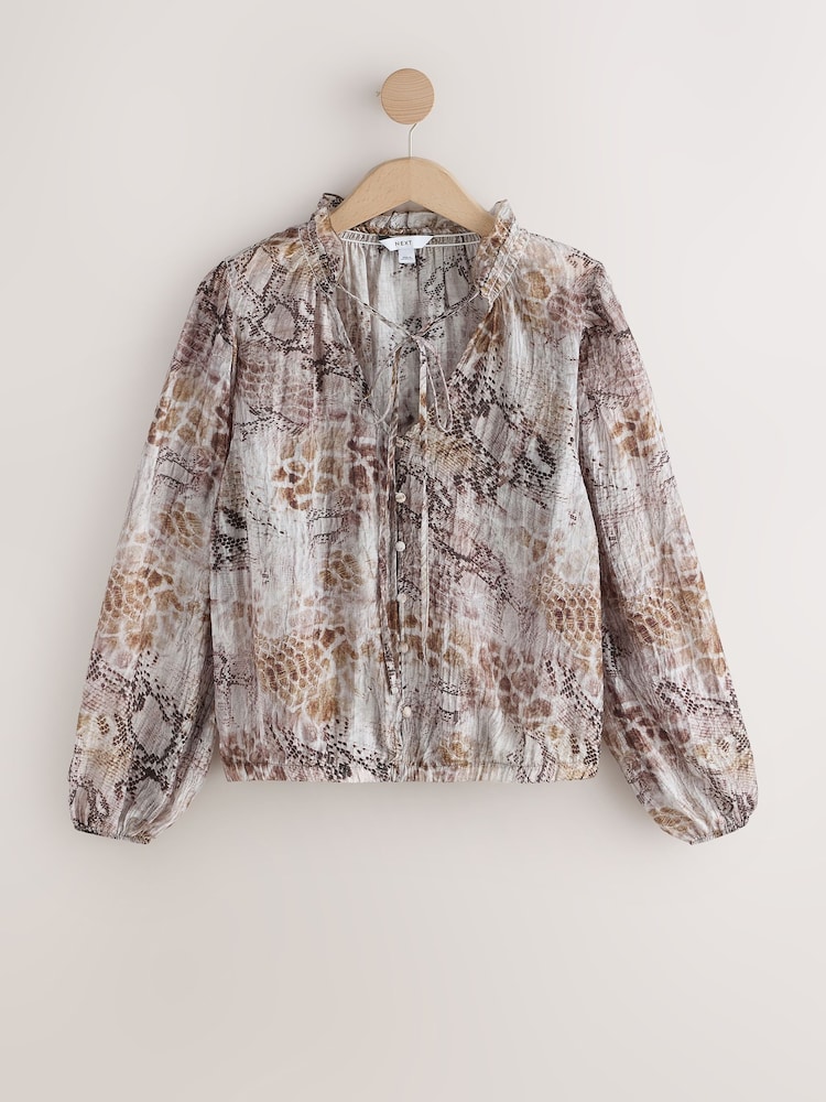 Grey Snake Print Bubblehem Long Sleeve Blouse - Image 1 of 3 Grey Snake Print Bubblehem Long Sleeve Blouse - Image 1 of 3