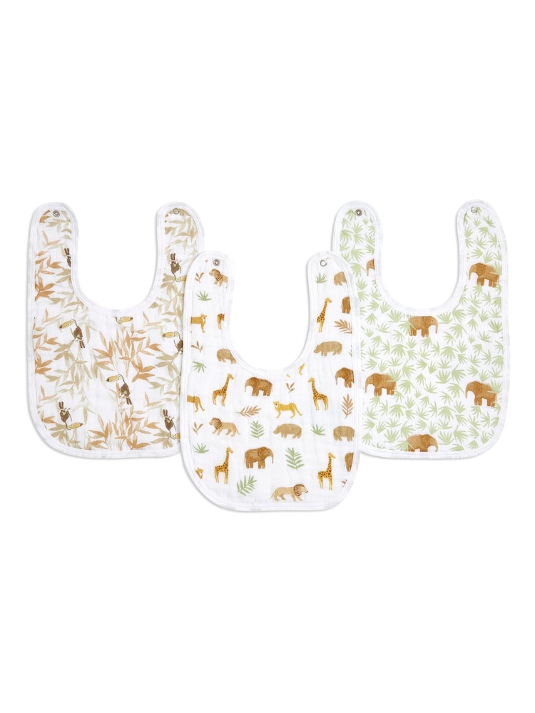 aden + anais Animal Essentials 100% Cotton Muslin Snap Tanzania Bibs 3 Pack - Image 1 of 3