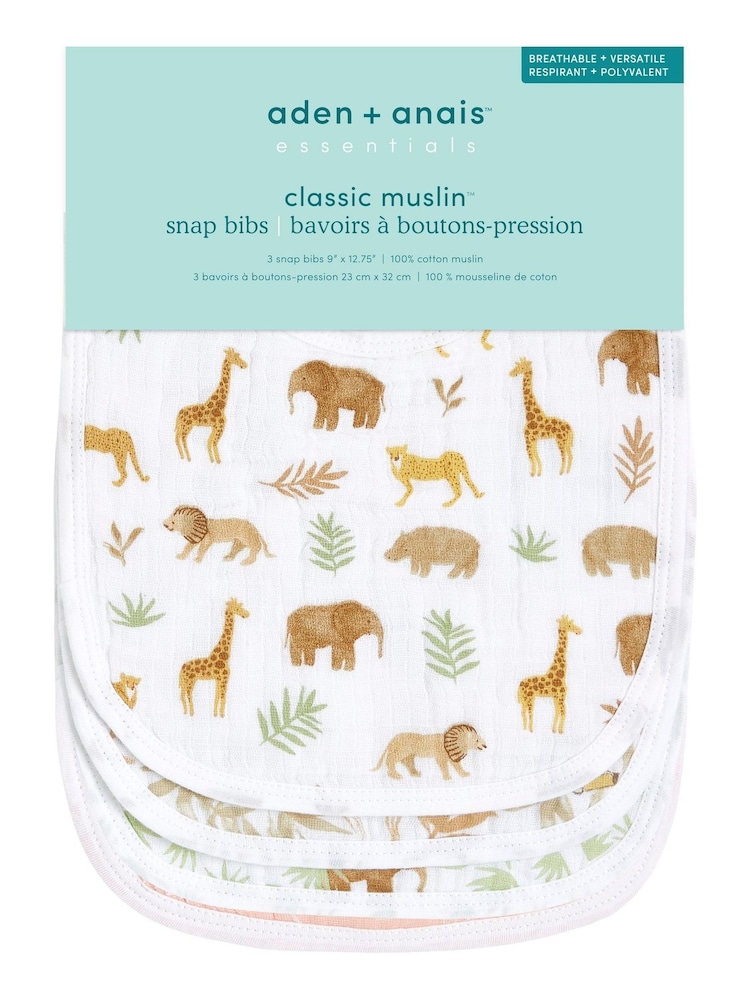 aden + anais Animal Essentials 100% Cotton Muslin Snap Tanzania Bibs 3 Pack - Image 2 of 3