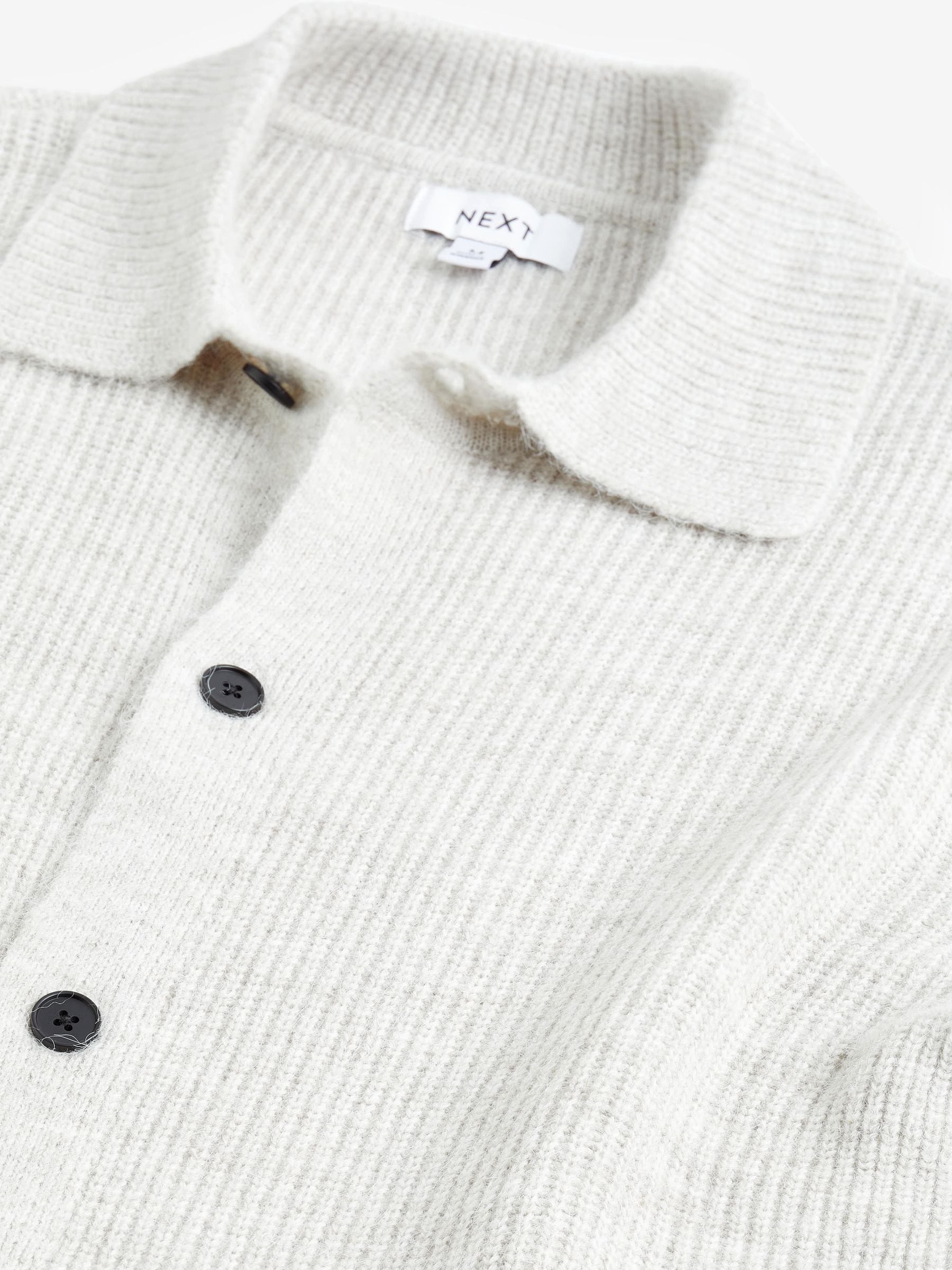 Buy Grey Regular Knitted Button Through Long Sleeve Polo