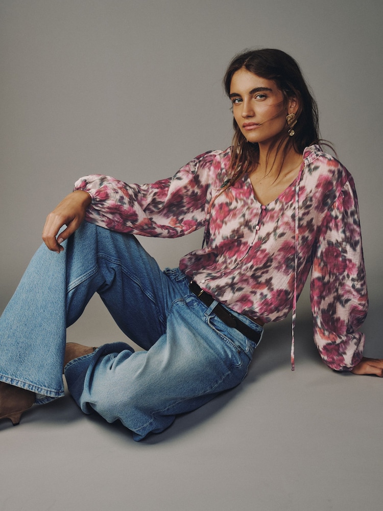 Pink Blurred Floral Print Bubblehem Long Sleeve Blouse - Image 1 of 8 Pink Blurred Floral Print Bubblehem Long Sleeve Blouse - Image 1 of 8