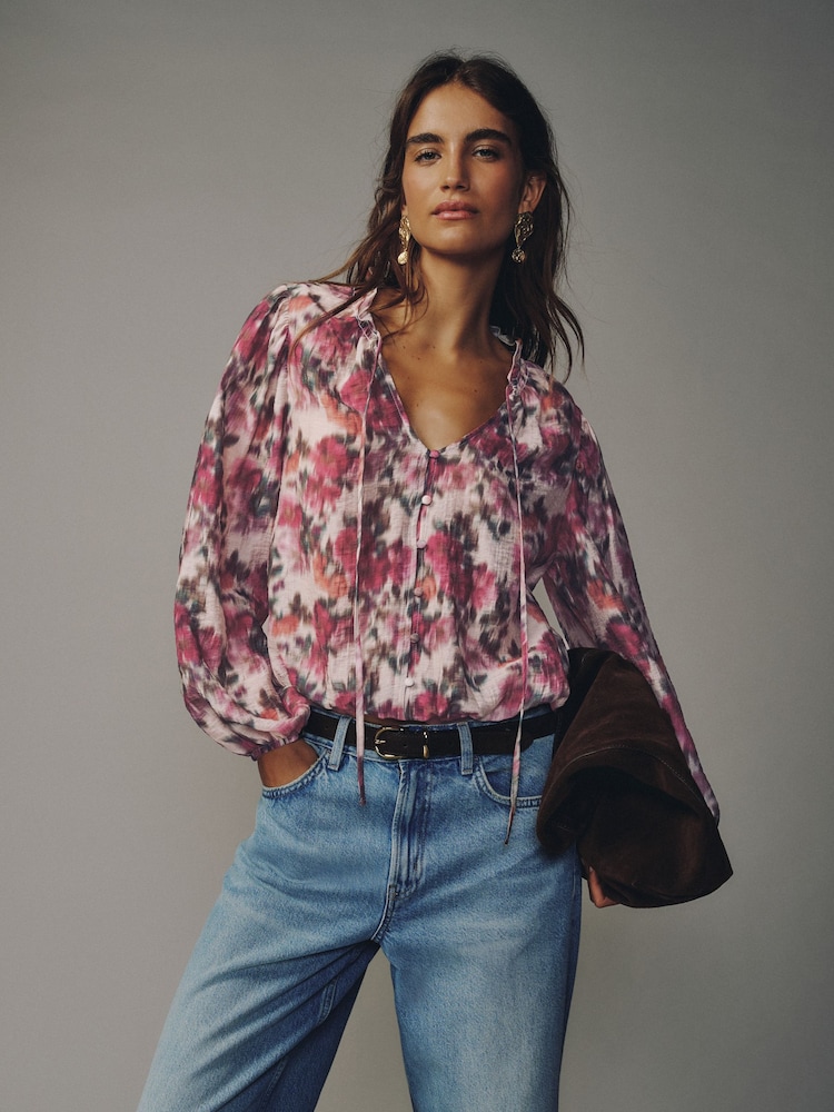 Pink Blurred Floral Print Bubblehem Long Sleeve Blouse - Image 2 of 8 Pink Blurred Floral Print Bubblehem Long Sleeve Blouse - Image 2 of 8