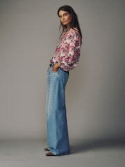 Pink Blurred Floral Print Bubblehem Long Sleeve Blouse - Image 3 of 8