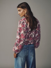 Pink Blurred Floral Print Bubblehem Long Sleeve Blouse - Image 4 of 8