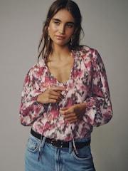 Pink Blurred Floral Print Bubblehem Long Sleeve Blouse - Image 5 of 8