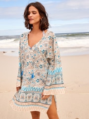 White/Blue Woodblock Long Sleeve Beach Kaftan Cover-Up - Image 1 of 5