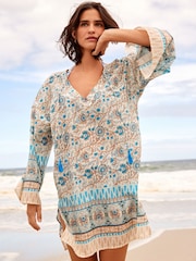 White/Blue Woodblock Long Sleeve Beach Kaftan Cover-Up - Image 2 of 5