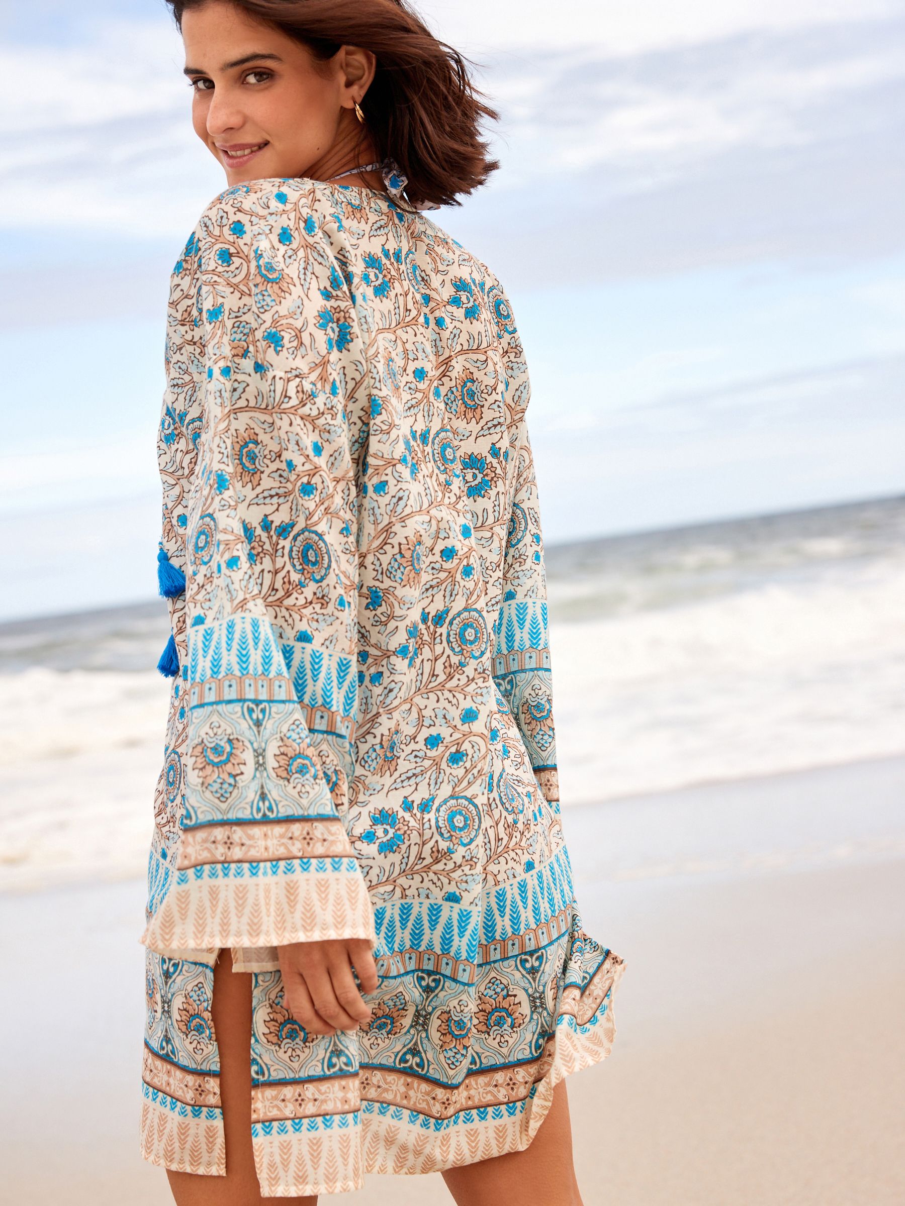 Buy White Blue Woodblock Long Sleeve Beach Kaftan Cover Up from Next Luxembourg