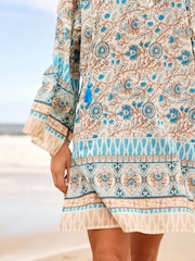 White/Blue Woodblock Long Sleeve Beach Kaftan Cover-Up - Image 5 of 5