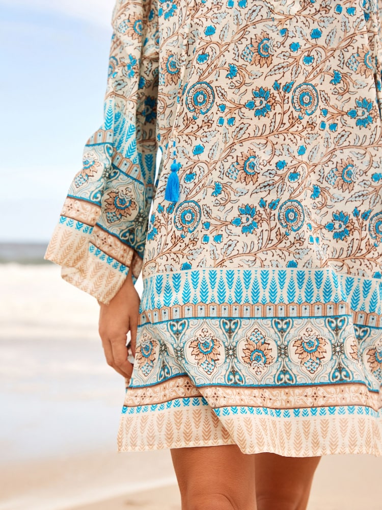 White/Blue Woodblock Long Sleeve Beach Kaftan Cover-Up - Image 5 of 5