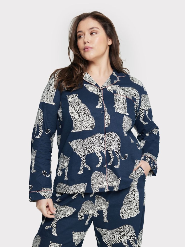 Chelsea Peers Blue Curve Organic Cotton Leopard Print Pyjama Set - Image 1 of 4