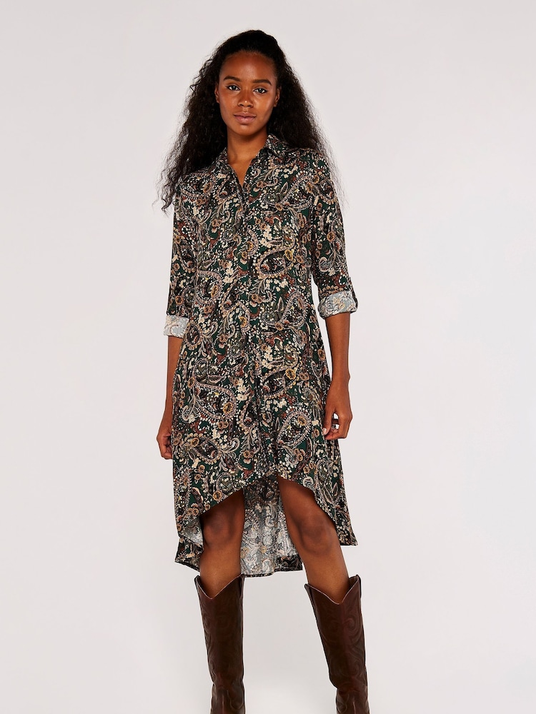 Apricot Green Multi Paisley High Low Shirt Dress - Image 1 of 4