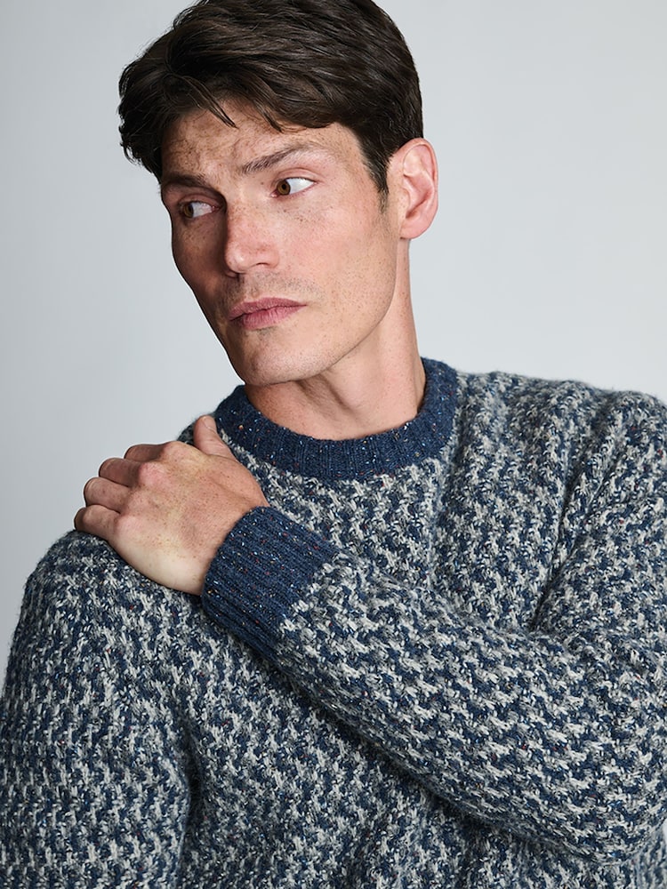 Brook Taverner Blue Nep Textured Lambswool Crew Neck Jumper - Image 2 of 4 Brook Taverner Blue Nep Textured Lambswool Crew Neck Jumper - Image 2 of 4