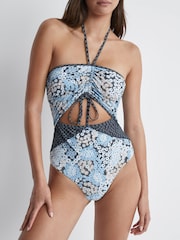 Reiss Navy Print Megan Printed Cut-Out Swimsuit - Image 1 of 4