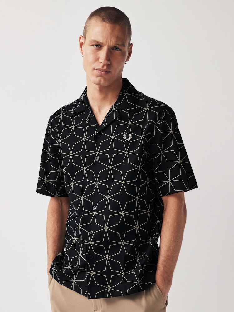 Fred Perry Geometric Print Revere Collar Resort Short Sleeve Shirt - Image 1 of 7
