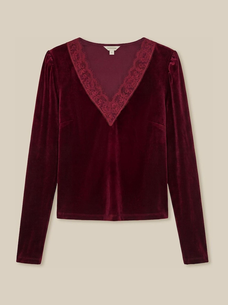 Κόκκινο - Monsoon Lexi Lace Trim Velvet Top - Εικόνα 1 από 1