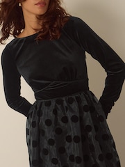 Monsoon Black Viana Polka Dot Velvet Midi Dress - Image 2 of 5