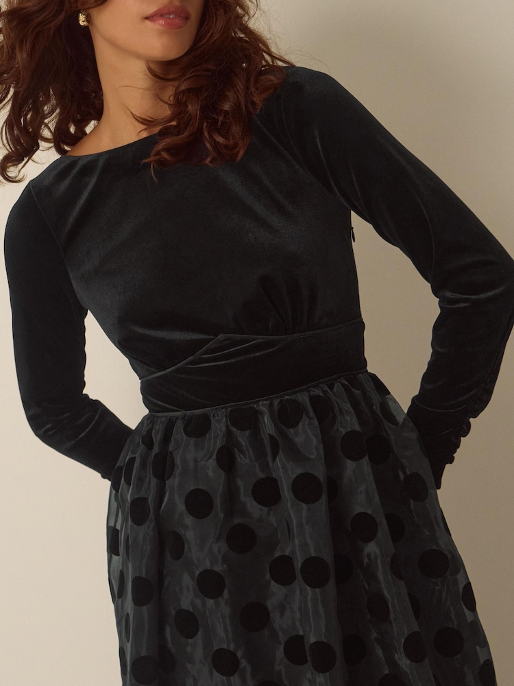 Monsoon Black Viana Polka Dot Velvet Midi Dress - Image 2 of 5 Monsoon Black Viana Polka Dot Velvet Midi Dress - Image 2 of 5