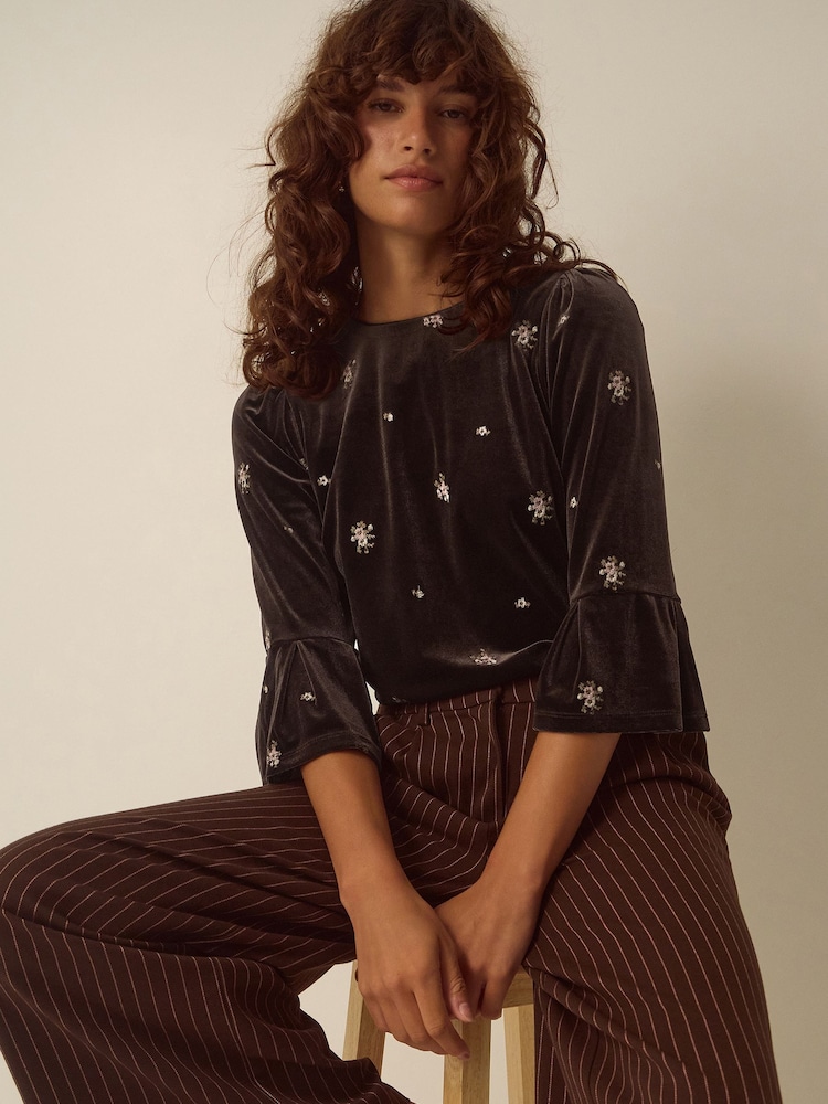 Monsoon Brown Emilee Flute Sleeve Embroidered Velvet Top - Image 1 of 5 Monsoon Brown Emilee Flute Sleeve Embroidered Velvet Top - Image 1 of 5
