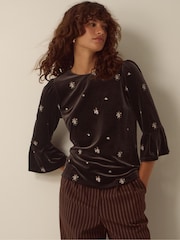 Monsoon Brown Emilee Flute Sleeve Embroidered Velvet Top - Image 2 of 5