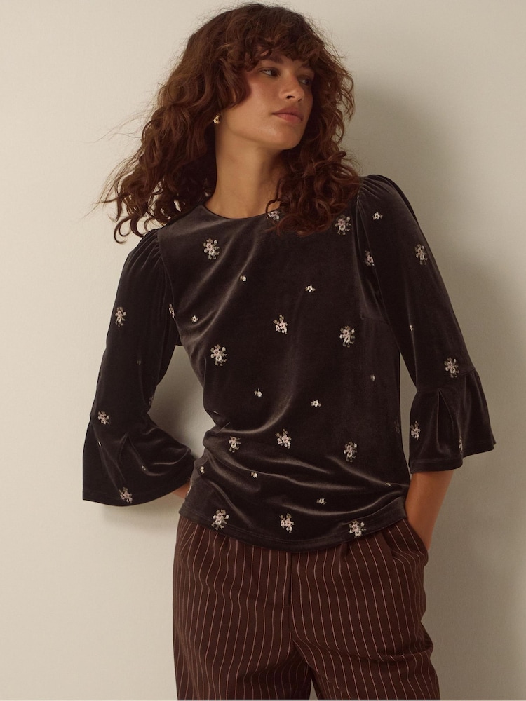 Monsoon Brown Emilee Flute Sleeve Embroidered Velvet Top - Image 2 of 5 Monsoon Brown Emilee Flute Sleeve Embroidered Velvet Top - Image 2 of 5
