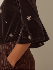 Monsoon Brown Emilee Flute Sleeve Embroidered Velvet Top - Image 4 of 5