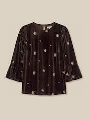 Monsoon Brown Emilee Flute Sleeve Embroidered Velvet Top - Image 5 of 5