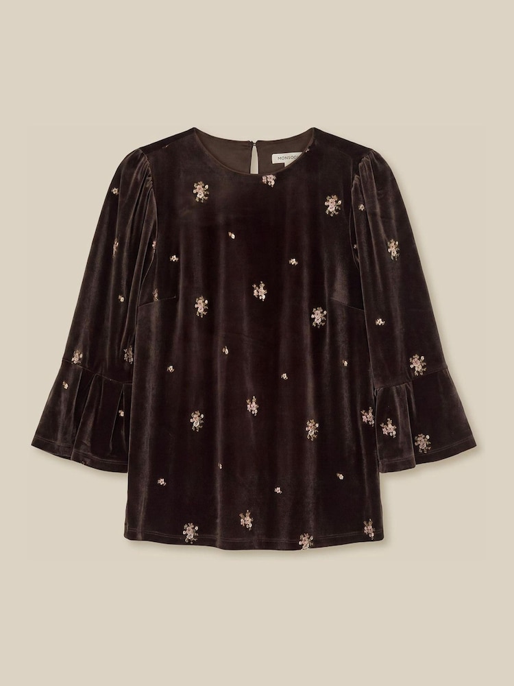 Monsoon Brown Emilee Flute Sleeve Embroidered Velvet Top - Image 5 of 5 Monsoon Brown Emilee Flute Sleeve Embroidered Velvet Top - Image 5 of 5