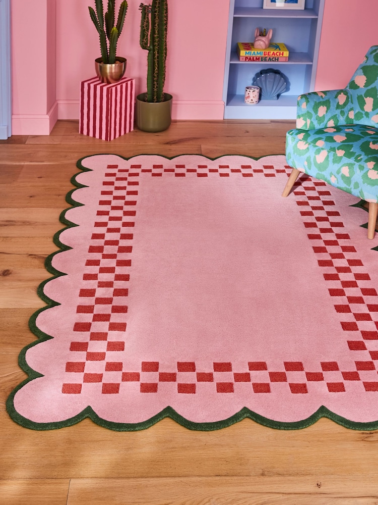 Eleanor Bowmer Pink Checkerboard Scalloped Edge Wool Rug - Image 1 of 6