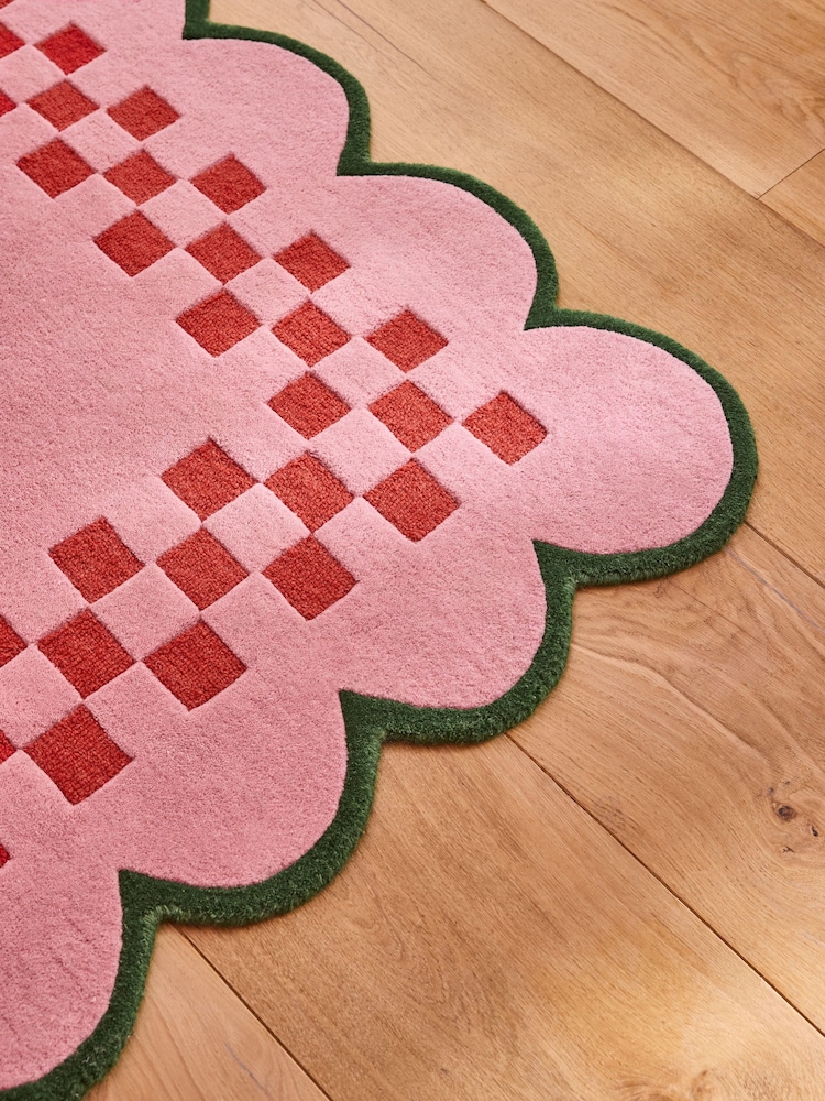 Eleanor Bowmer Pink Checkerboard Scalloped Edge Wool Rug - Image 2 of 6