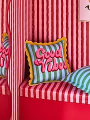 Eleanor Bowmer Blue/Green 100% Cotton Striped Good Vibes Scallop Edge Cushion - Image 1 of 5